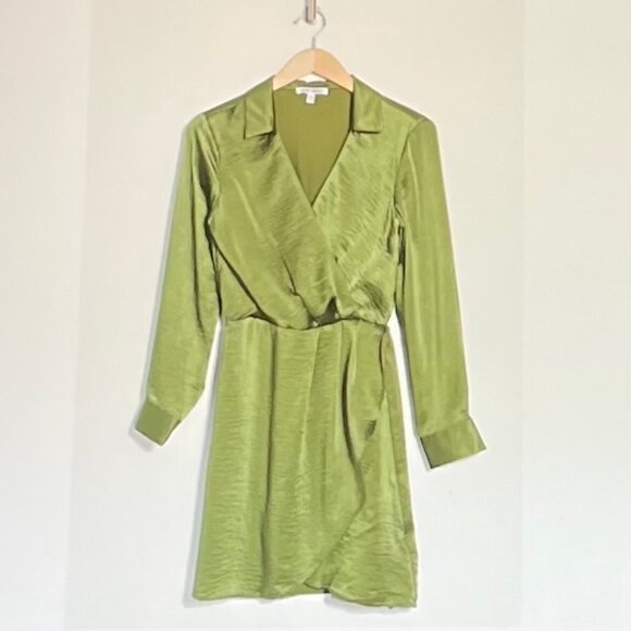Steve Madden Washed Satin Faux Wrap Dress in Green (L) New with Tag - Picture 3 of 12